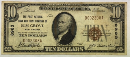New Store Items 1929 TY I NATIONAL BANK NOTE, FNB & TRUST CO OF ELM GROVE, WV, CHTR 8983 NICE VF