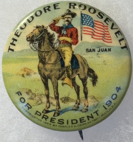 New Store Items RARE 1 1/4″ BUTTON, THEODORE ROOSEVELT FOR PRESIDENT-ROUGH RIDER/HORSEBACK-MINT!