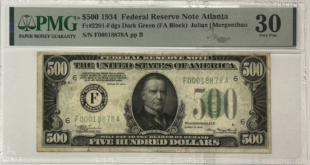 New Store Items 1934 $500 FEDERAL RESERVE NOTE, F-ATLANTA, FR#2201, DARK GREEN, PMG VF-30, NICE