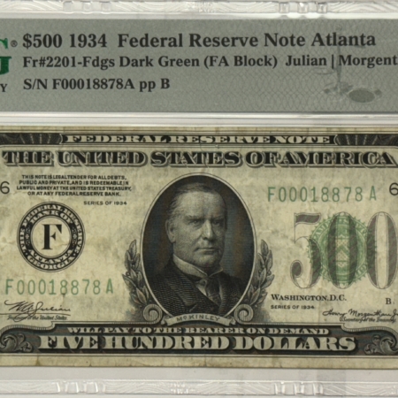 New Store Items 1934 $500 FEDERAL RESERVE NOTE, F-ATLANTA, FR#2201, DARK GREEN, PMG VF-30, NICE