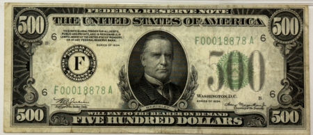 New Store Items 1934 $500 FEDERAL RESERVE NOTE, F-ATLANTA, FR#2201, DARK GREEN, PMG VF-30, NICE