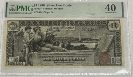 Large Silver Certificates 1896 $1 SILVER CERTIFICATE EDUCATIONAL FR#224 PMG EF-40, GREAT COLOR & NICE NOTE