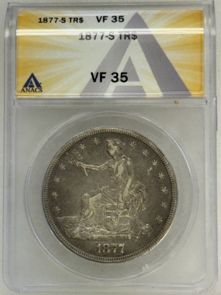 Dollars 1877-S $1 TRADE DOLLAR – ANACS VF-35, NICE MID-CIRC!