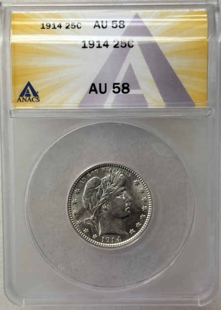 Barber Quarters 1914 BARBER QUARTER – ANACS AU-58, BLAST WHITE!