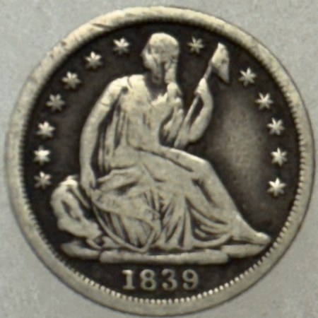 Liberty Seated Half Dimes 1839 SEATED LIBERTY HALF DIME, NO DRAPERY – DECENT CIRCULATED EXAMPLE!