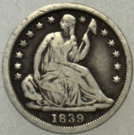 Liberty Seated Half Dimes 1839 SEATED LIBERTY HALF DIME, NO DRAPERY – DECENT CIRCULATED EXAMPLE!