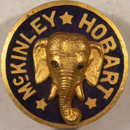 New Store Items 1896 MCKINLEY-HOBART 3/4″ LAPEL STUD, ENAMEL W/ RAISED GOLD ELEPHANT-SCARCE/MINT