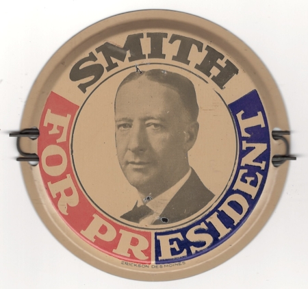New Store Items 1928 “SMITH FOR PRESIDENT” 4″ LICENSE PLATE ATTACHMENT, EXCELLENT ORIGINAL COND!