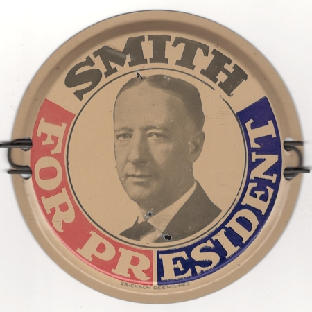 New Store Items 1928 “SMITH FOR PRESIDENT” 4″ LICENSE PLATE ATTACHMENT, EXCELLENT ORIGINAL COND!