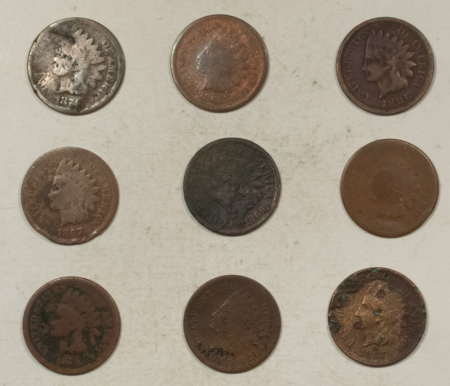 Indian 1866 X2, 1867 X2, 1868 1869 1874 1879 1886 TY2 INDIAN CENTS, LOT/9 – CULL/FILLER