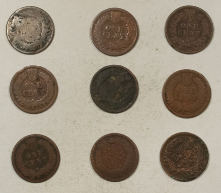 Indian 1866 X2, 1867 X2, 1868 1869 1874 1879 1886 TY2 INDIAN CENTS, LOT/9 – CULL/FILLER