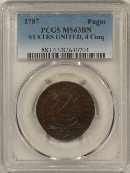 Colonials 1787 FUGIO CENT 4 CINQ PCGS MS-63 BN FRESH, PREMIUM QUALITY FROM OLD COLLECTION!