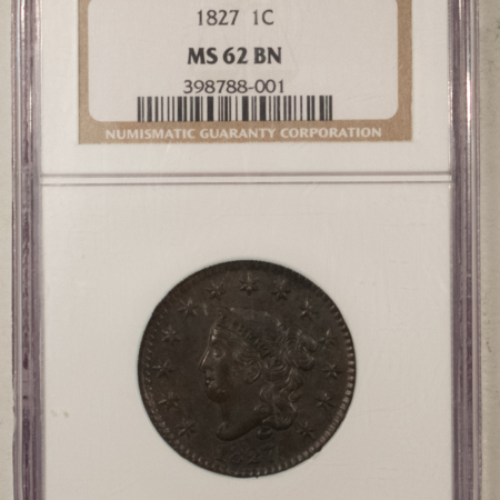 Coronet Head Large Cents 1827 CORONET HEAD LARGE CENT – NGC MS-62 BN, SCARCE!