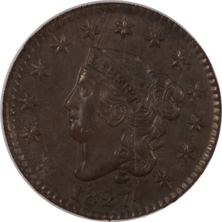 Coronet Head Large Cents 1827 CORONET HEAD LARGE CENT – NGC MS-62 BN, SCARCE!
