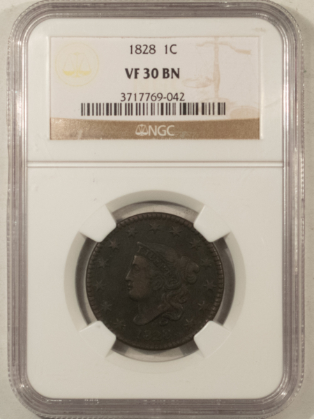 Coronet Head Large Cents 1828 CORONET HEAD LARGE CENT – NGC VF-30 BN, LARGE NARROW DATE!