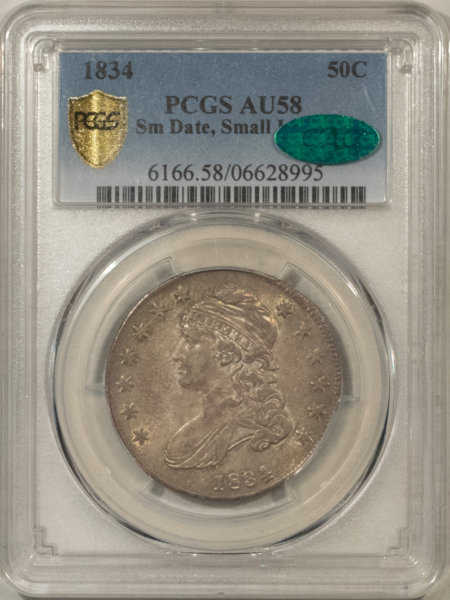 CAC Approved Coins 1834 CAPPED BUST HALF DOLLAR, SMALL DATE, SMALL LETTERS – PCGS AU-58, CAC!