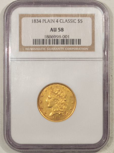 $5 1834 PLAIN 4 $5 CLASSIC HEAD HALF EAGLE – NGC AU-58 WELL-STRUCK & ATTRACTIVE