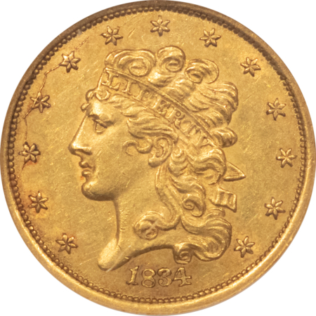 $5 1834 PLAIN 4 $5 CLASSIC HEAD HALF EAGLE – NGC AU-58 WELL-STRUCK & ATTRACTIVE