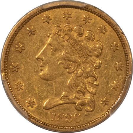 $2.50 1836 $2.50 LIBERTY GOLD QUARTER EAGLE, BLOCK 8 – PCGS AU-58!