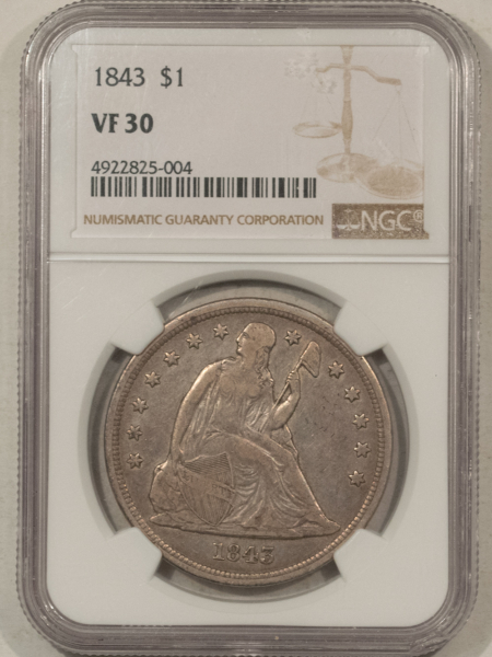 Dollars 1843 $1 SEATED LIBERTY DOLLAR – NGC VF-30