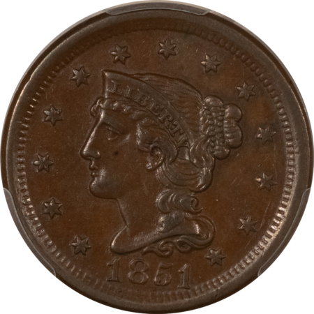 Braided Hair Large Cents 1851 BRAIDED HAIR LARGE CENT – PCGS AU-55, CHOCOLATE BROWN, APPROACHING UNC