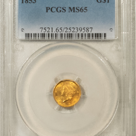$1 1853 $1 GOLD DOLLAR, TYPE 1 – PCGS MS-65, A SPARKLING GEM!