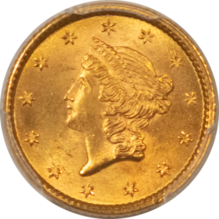 $1 1853 $1 GOLD DOLLAR, TYPE 1 – PCGS MS-65, A SPARKLING GEM!