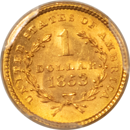 $1 1853 $1 GOLD DOLLAR, TYPE 1 – PCGS MS-65, A SPARKLING GEM!