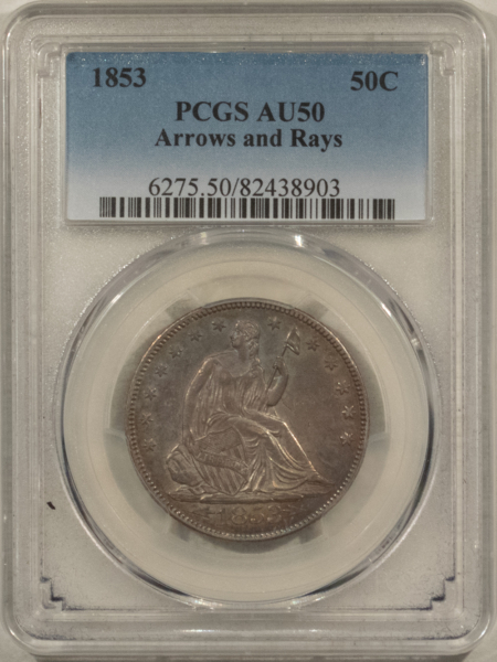 Half Dollars 1853 SEATED LIBERTY HALF DOLLAR, ARROWS & RAYS – PCGS AU-50