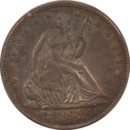 Half Dollars 1853 SEATED LIBERTY HALF DOLLAR, ARROWS & RAYS – PCGS AU-50