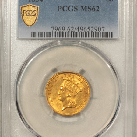 $3 1854 $3 GOLD PRINCESS – PCGS MS-62, ATTRACTIVE FIRST-YEAR EXAMPLE