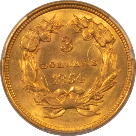 $3 1854 $3 GOLD PRINCESS – PCGS MS-62, ATTRACTIVE FIRST-YEAR EXAMPLE
