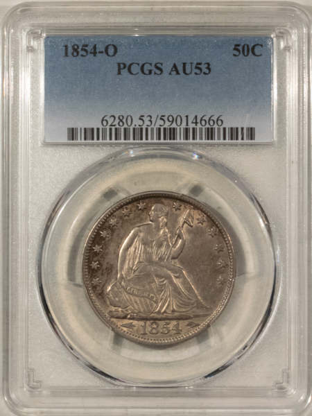 Half Dollars 1854-O LIBERTY SEATED HALF DOLLAR, PCGS AU-53; LOOKS AU-55 & UNDERGRADED TO US!