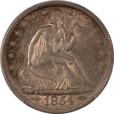 Half Dollars 1854-O LIBERTY SEATED HALF DOLLAR, PCGS AU-53; LOOKS AU-55 & UNDERGRADED TO US!