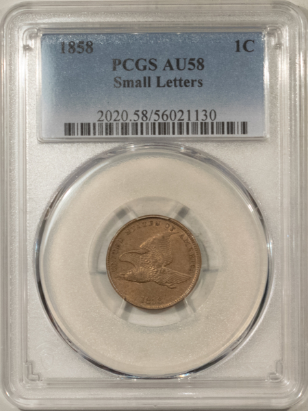 Flying Eagle 1858 FLYING EAGLE CENT, SMALL LETTERS – PCGS AU-58, NICE ORIGINAL!