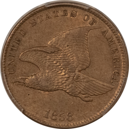 Flying Eagle 1858 FLYING EAGLE CENT, SMALL LETTERS – PCGS AU-58, NICE ORIGINAL!