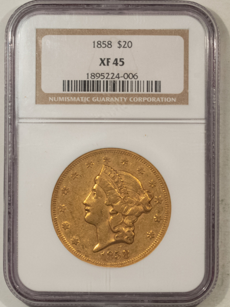 $20 1858 NO MOTTO $20 LIBERTY GOLD DOUBLE EAGLE – NGC XF-45, BETTER TYPE 1, NICE!
