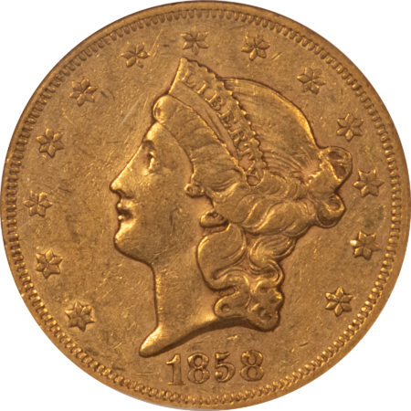 $20 1858 NO MOTTO $20 LIBERTY GOLD DOUBLE EAGLE – NGC XF-45, BETTER TYPE 1, NICE!