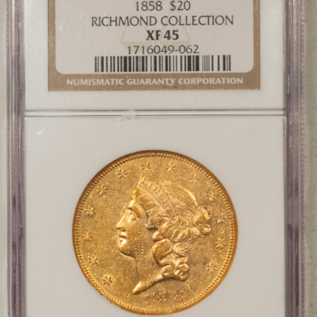 $20 1858 TY 1 $20 LIBERTY GOLD DOUBLE EAGLE – NGC XF-45, SCARCE! RICHMOND COLLECTION