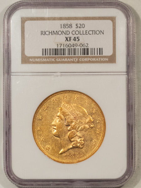 $20 1858 TY 1 $20 LIBERTY GOLD DOUBLE EAGLE – NGC XF-45, SCARCE! RICHMOND COLLECTION