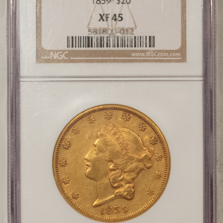 $20 1859 TY1 NO MOTTO $20 LIBERTY GOLD DOUBLE EAGLE NGC XF-45 VERY RARE LOW MINTAGE!