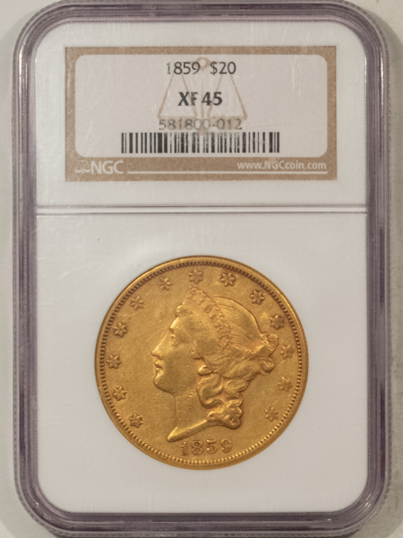 $20 1859 TY1 NO MOTTO $20 LIBERTY GOLD DOUBLE EAGLE NGC XF-45 VERY RARE LOW MINTAGE!