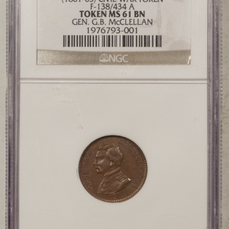 Civil War & Hard Times (1861-65) CIVIL WAR PATRIOTIC TOKEN F-138/434 A – NGC MS-61 BN, GEN GB MCCLELLAN