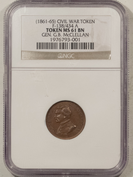 Civil War & Hard Times (1861-65) CIVIL WAR PATRIOTIC TOKEN F-138/434 A – NGC MS-61 BN, GEN GB MCCLELLAN