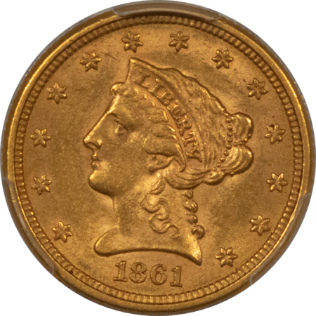 $2.50 1861 $2.50 LIBERTY GOLD QUARTER EAGLE, NEW REVERSE – PCGS AU-58