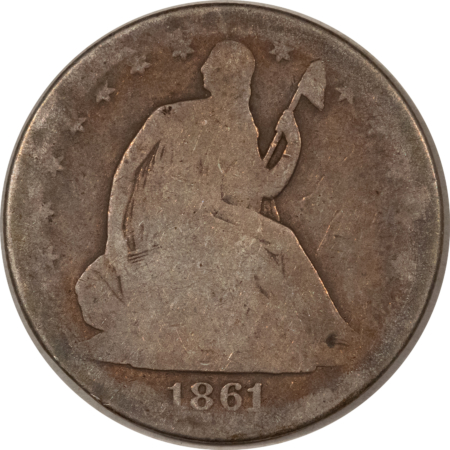 Half Dollars 1861 SEATED LIBERTY HALF DOLLAR, CIVIL WAR DATE – CIRCULATED!