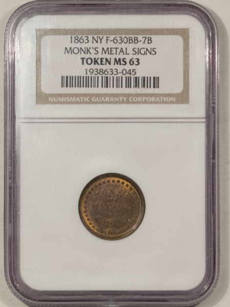 Civil War & Hard Times 1863 NY F-630BB-7B MONKS METAL SIGNS TOKEN, CIVIL WAR STORE CARD – NGC MS-63