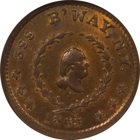 Civil War & Hard Times 1863 NY F-630BB-7B MONKS METAL SIGNS TOKEN, CIVIL WAR STORE CARD – NGC MS-63
