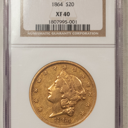 $20 1864 TY 1 NO MOTTO $20 LIBERTY GOLD DOUBLE EAGLE – NGC XF-40 RARE CIVIL WAR DATE