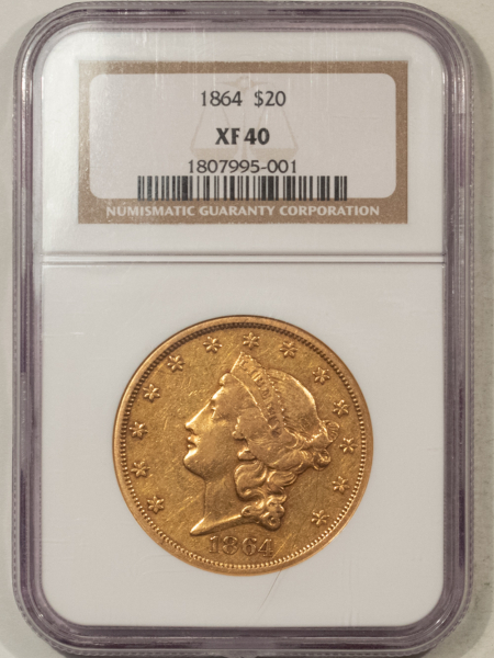 $20 1864 TY 1 NO MOTTO $20 LIBERTY GOLD DOUBLE EAGLE – NGC XF-40 RARE CIVIL WAR DATE
